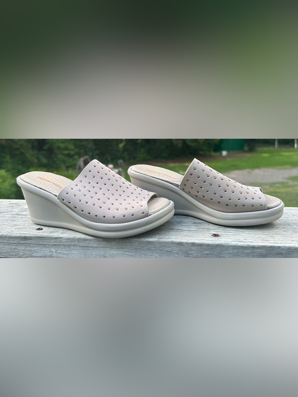 Skechers Taupe Studded Wedge Slide Mules